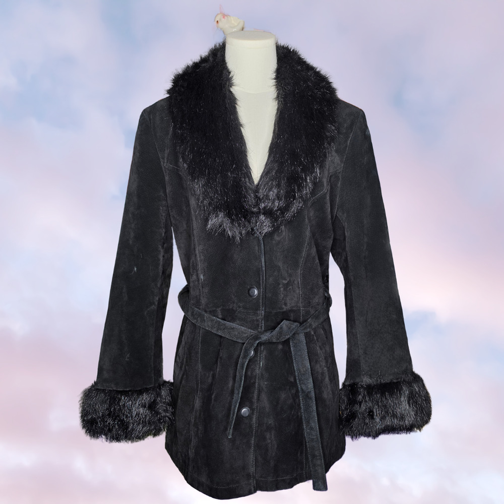 Vtg 90s Y2k Wilsons Leather Maxima Black Faux Fur Trim Penny Lane Afghan Coat M